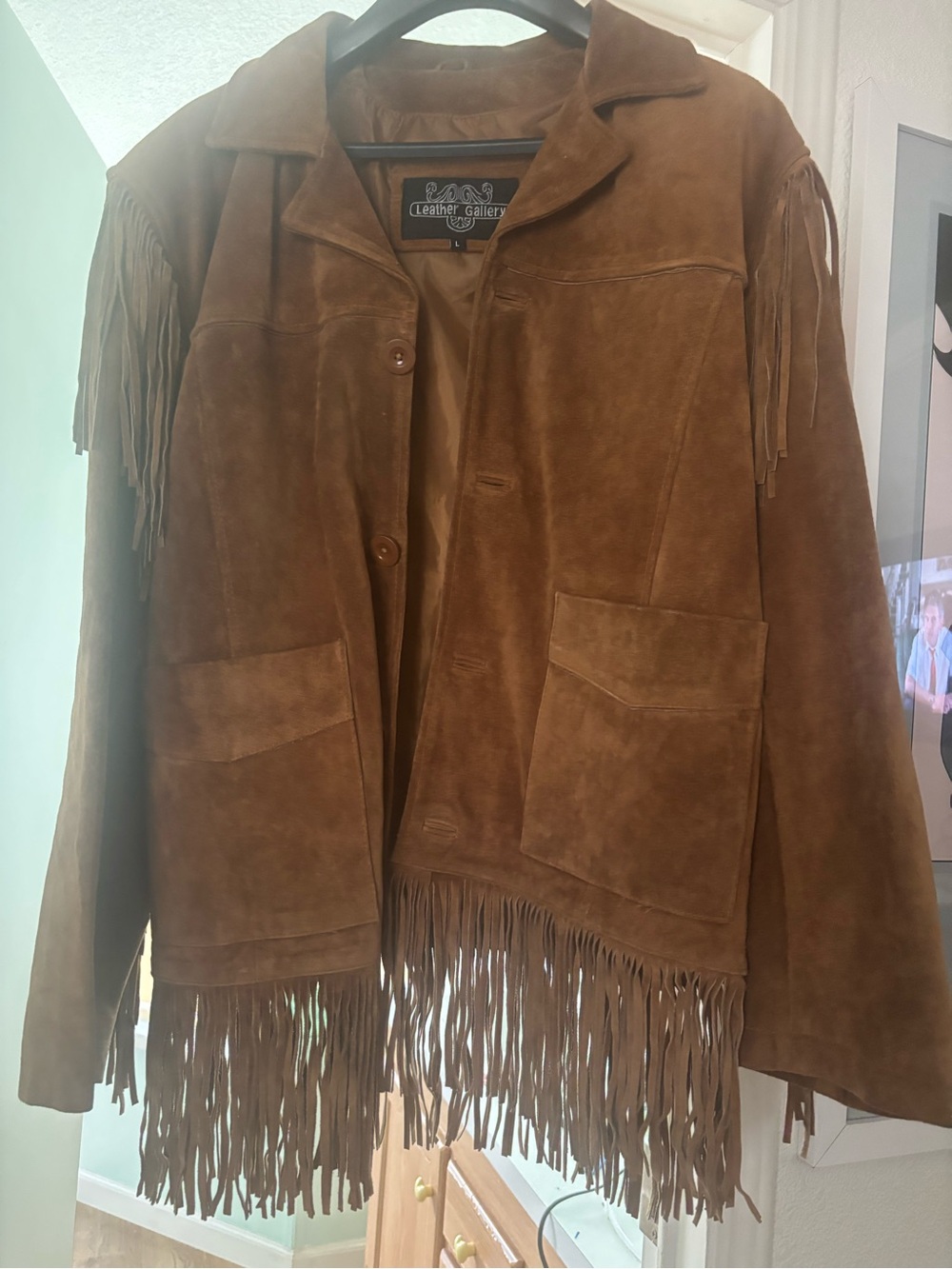 PRICE FIRM-Vintage Leather Gallery Men's Brown Suede Fringe Leather Jacket